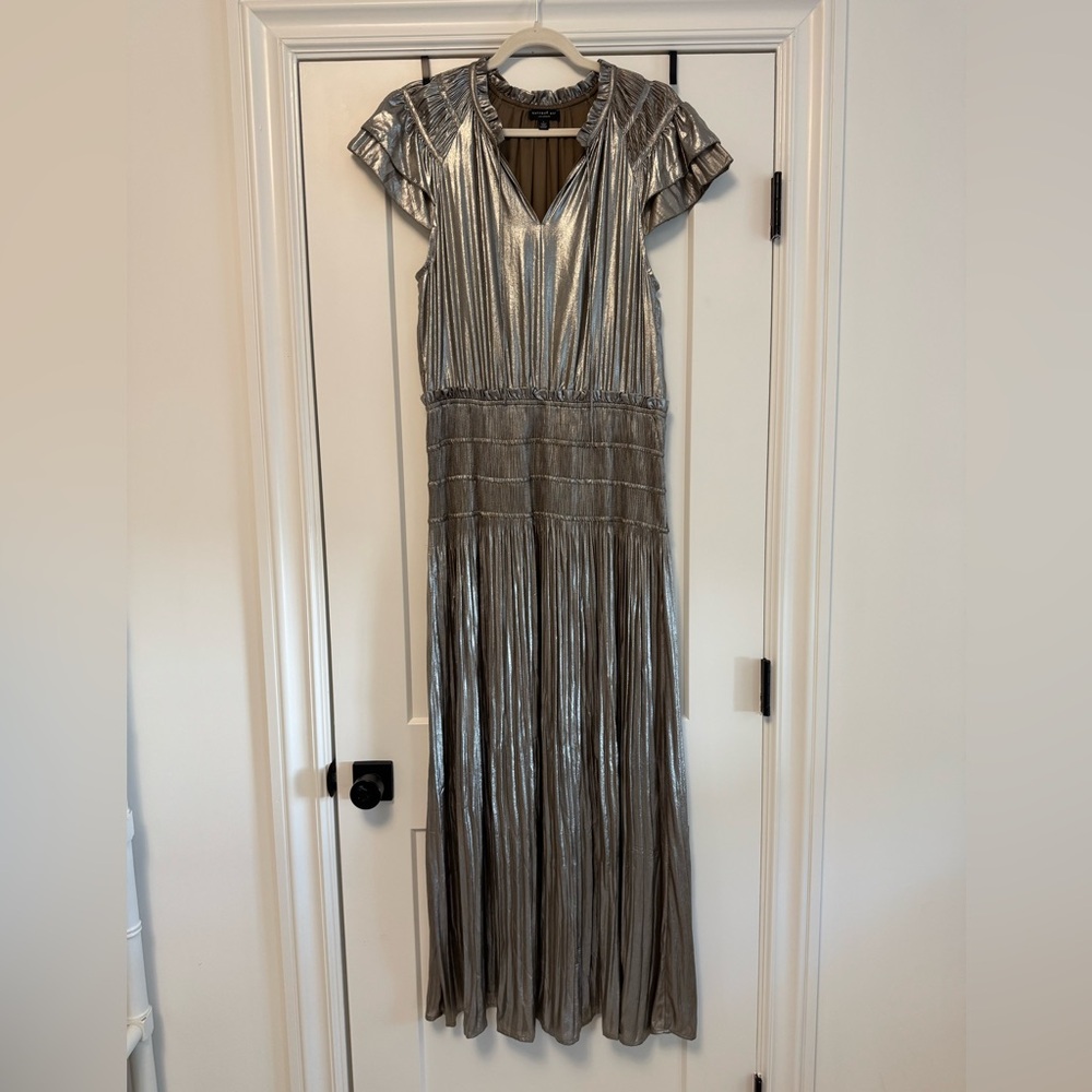 Silver/Pewter Metallic V-Neck Maxi Dress